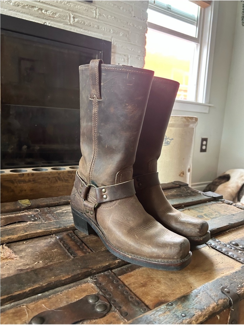 Frye Brown Leather Harness Moto Boots